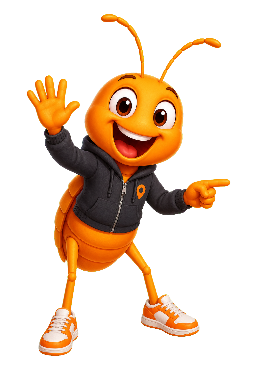 Flea mascot waving and pointing toward sign in